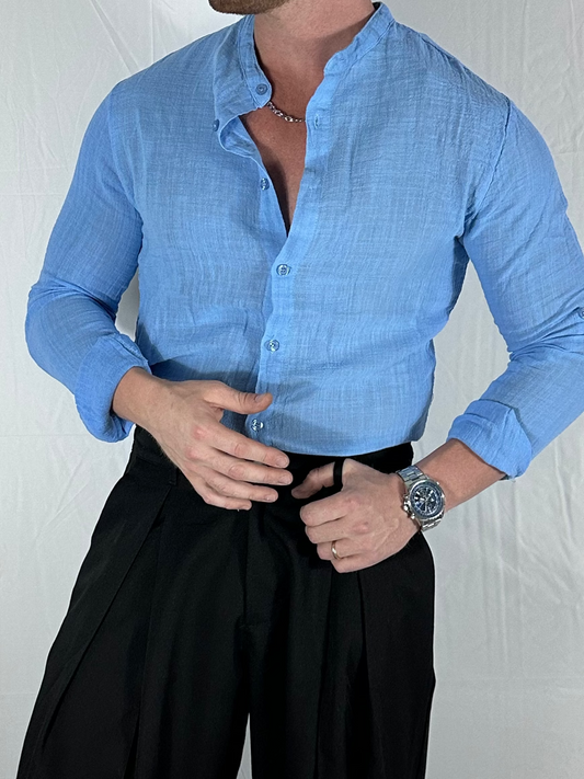 COREAN LINEN – CAMICIA 100% COTONE SLIM FIT CELESTE 🇮🇹