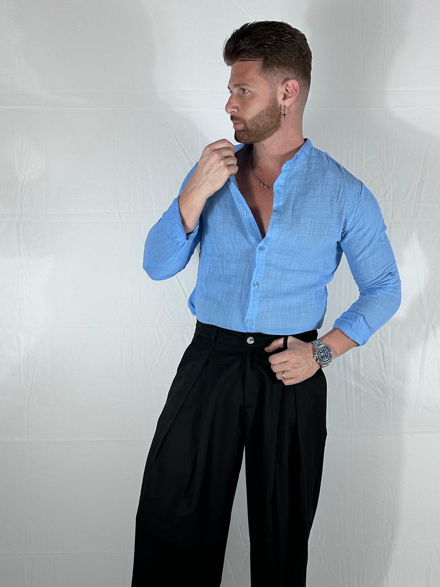 COREAN LINEN – CAMICIA 100% COTONE SLIM FIT CELESTE  🇮🇹