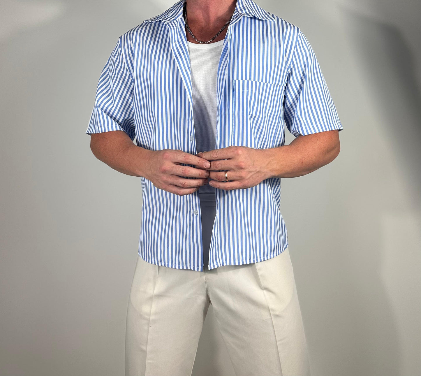 RITMO  SHIRT – CAMICIA CORTA  OVERSIZE A RIGHE CELESTE  🇮🇹