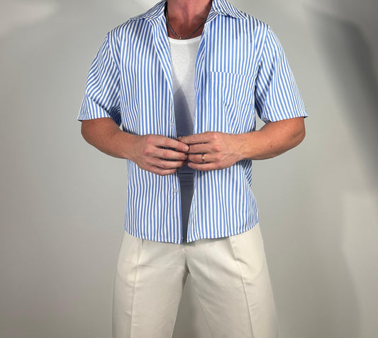 RITMO  SHIRT – CAMICIA CORTA  OVERSIZE A RIGHE CELESTE  🇮🇹