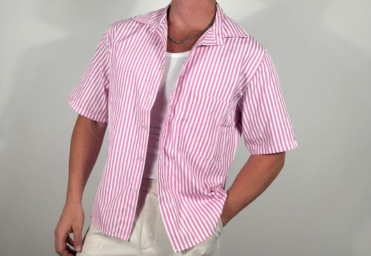 RITMO  SHIRT – CAMICIA CORTA  OVERSIZE A RIGHE ROSA  🇮🇹