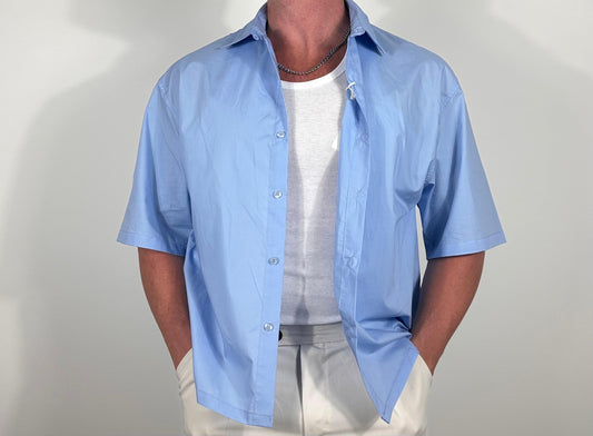 CICLO  COTTON CROP – CAMICIA CORTA  OVERSIZE CELESTE 🇮🇹