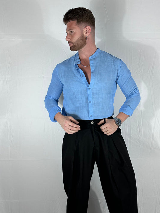 COREAN LINEN – CAMICIA 100% COTONE SLIM FIT CELESTE  🇮🇹