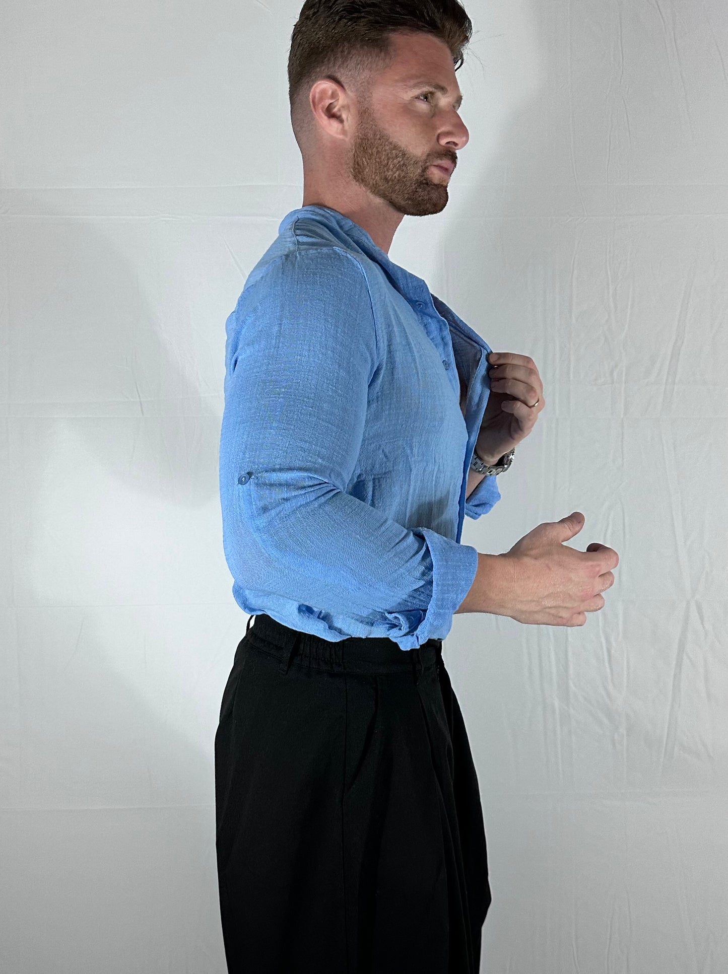 COREAN LINEN – CAMICIA 100% COTONE SLIM FIT CELESTE  🇮🇹